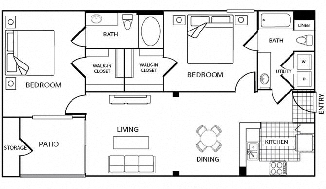 Floor plan for 2 beds, 2 baths, 1088 sqft